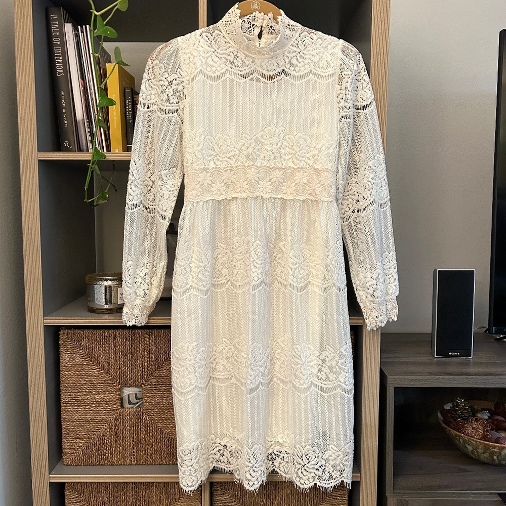 Vintage-inspired White Lace Mock Neck Dress